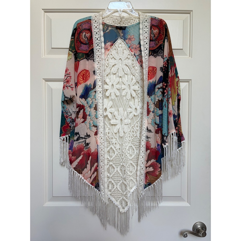 Dor Dor Couture Floral Kimono Wrap Crochet Lace Fringe Boho Festival Birds Large